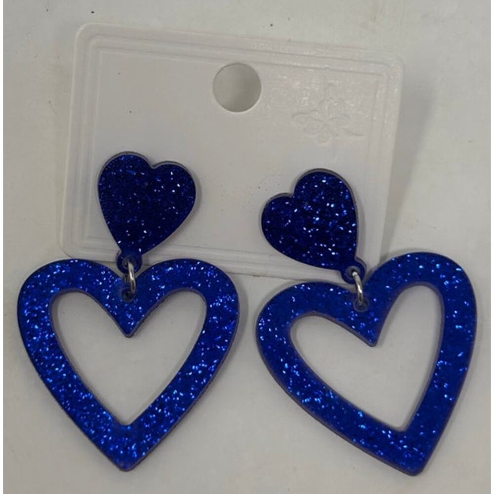 Acrylic Blue Double Heart Dangle Earrings
